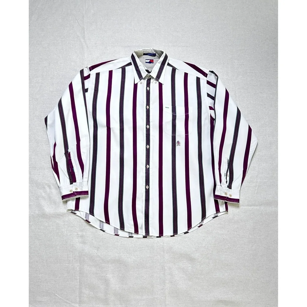 Vintage Tommy Hilfiger Button Up Shirt Men's XL White Purple Striped Long Sleeve